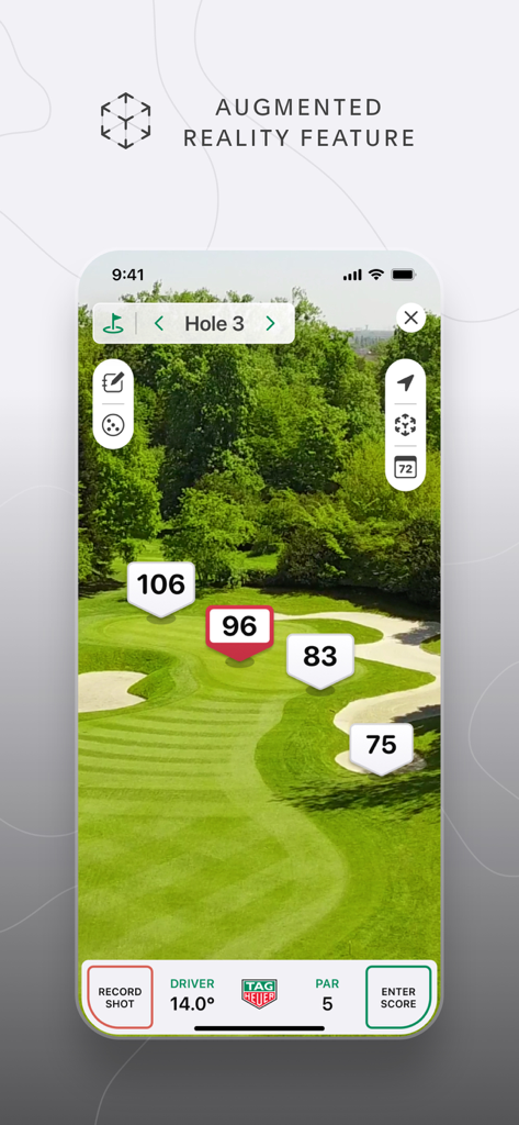 TAG Heuer Golf - GPS & 3D Maps - Augmented reality feature in the TAG Heuer Golf app showing real-time distances on a golf course