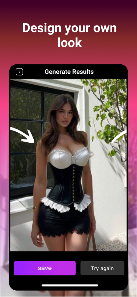 PhotoDeep: AI Photo&Video Edit - Interfaz de la aplicación PhotoDeep mostrando una mujer con un atuendo de moda generado por IA y el texto 'diseña tu propio look'