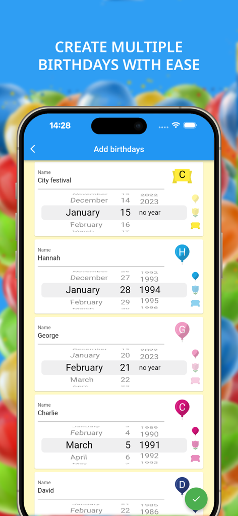 Birthday calendar and reminder - Interfaz de la aplicación móvil para añadir múltiples cumpleaños con selectores de fecha desplazables