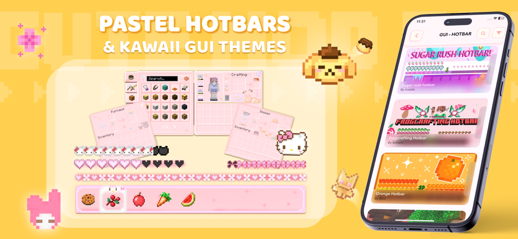 Custom pastel Minecraft hotbars and kawaii GUI themes featuring pink designs