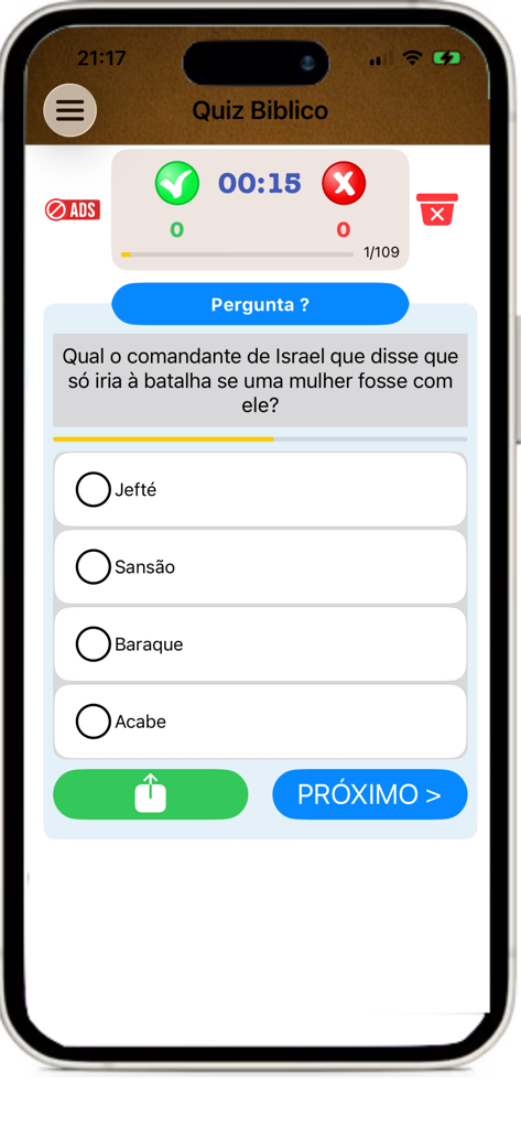 Harpa Cristã e Corinhos - Screenshot of a biblical quiz game within the Harpa Crista app with multiple choice options in Portuguese