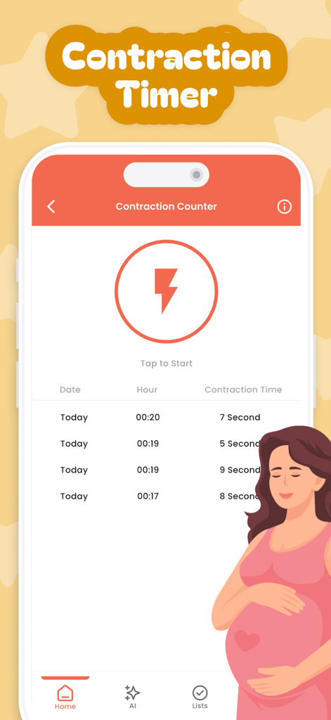Pregnancy, Baby Tracker －Yuppy - Schermata del timer per le contrazioni nell'app di gravidanza Yuppy che mostra i tempi registrati e un'illustrazione di una donna incinta