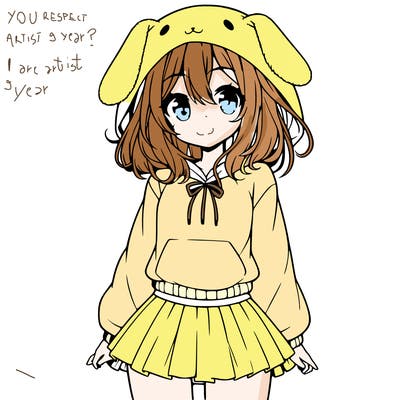 pretty anime girl wearing a fluffy hoodie with bunny ears on the hood and a skirt