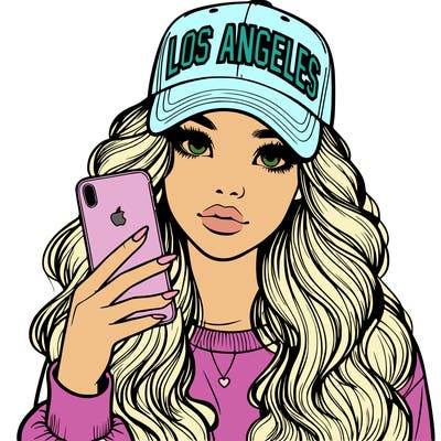 realistic beautiful girl wearing los ángeles cap holding an iphone
