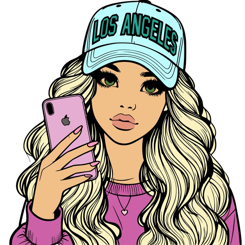 realistic beautiful girl wearing los ángeles cap holding an iphone