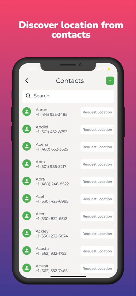 Mobile Phone Number Tracker - Mobile phone tracker app interface showing a contact list with request location buttons next to each name