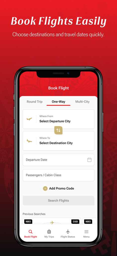 Kenya Airways - ケニア航空モバイルアプリのフライト検索・予約画面。往復と片道のオプションがあります。