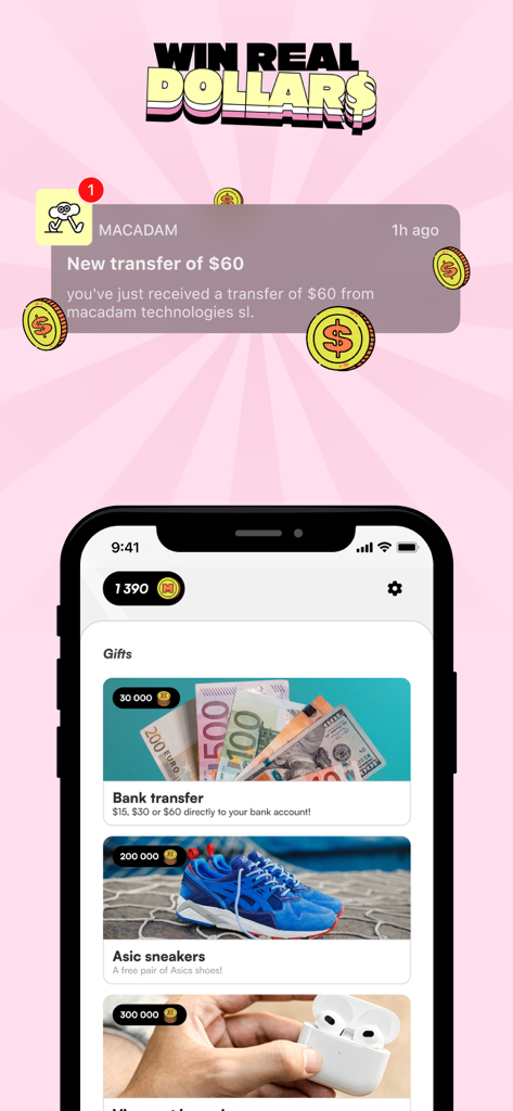 Macadam, The Step Counter. - Macadamアプリのインターフェース。銀行振込による現金報酬と、スニーカーやヘッドフォンなどのギフトを表示。