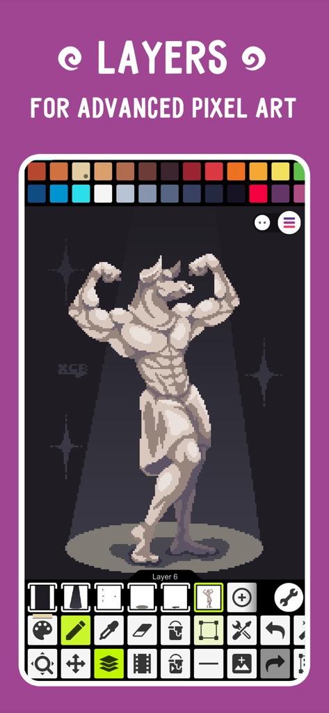 Interface of Pixel Studio showing a muscular bull character being created using layers