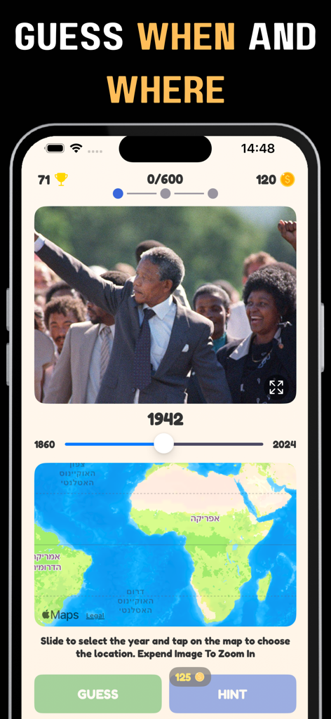 Pantalla del juego TimeGuess mostrando una foto histórica de Nelson Mandela con un control deslizante de año y un mapa para adivinar la ubicación