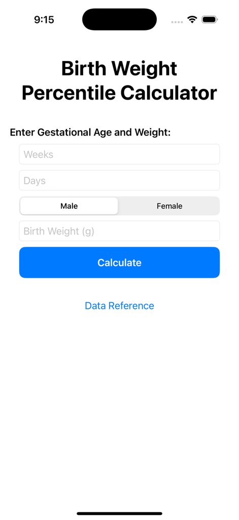 Birth Weight Percentile - Interface of the Birth Weight Percentile Calculator app showing input fields for gestational age and weight