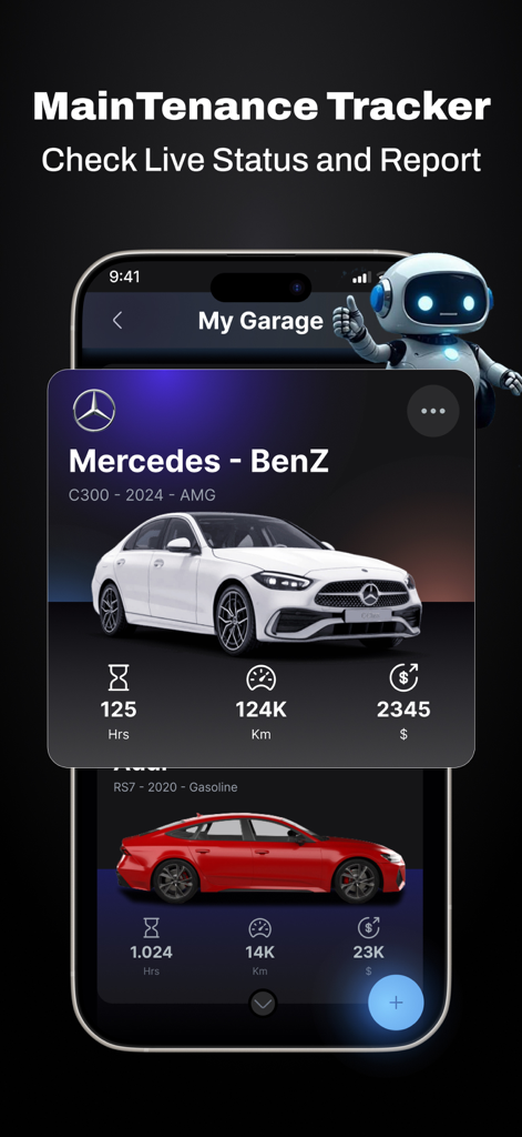 CarLink:Mirror Link Car Screen - CarLink app screen showing vehicle maintenance tracker and live status for Mercedes and Audi cars