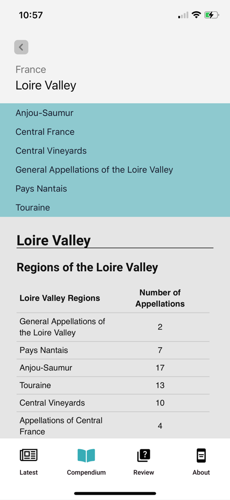 GuildSomm - GuildSomm mobile app displaying a table of Loire Valley wine regions and their corresponding number of appellations.