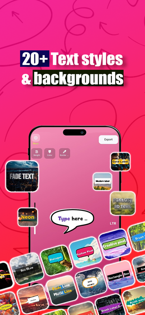 Fonto - story font for IG - Fonto app interface displaying over 20 text styles and custom backgrounds for social media stories