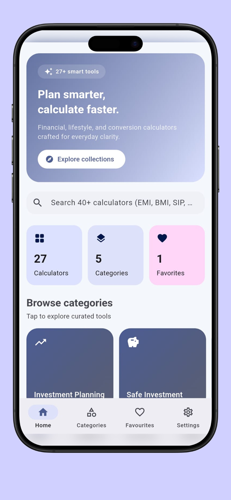 Loan EMI & Interest Calculator - Pantalla de inicio de la aplicación Calculadora de EMI e Intereses de Préstamos que muestra herramientas de planificación financiera y categorías de inversión.