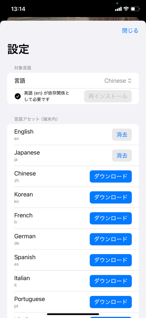 Talking Cam - Talking Cam app settings screen displaying a list of downloadable languages for on-device AI audio commentary