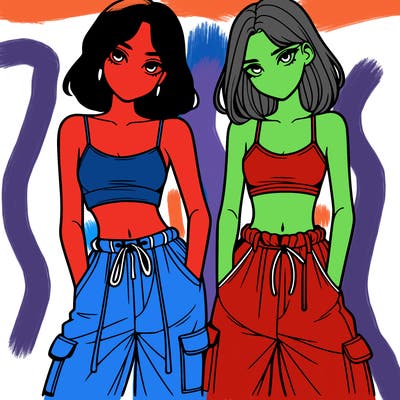 two girls with crop top with baggy pants