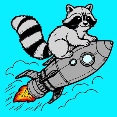 realistic raccoon flying on top rocket ship