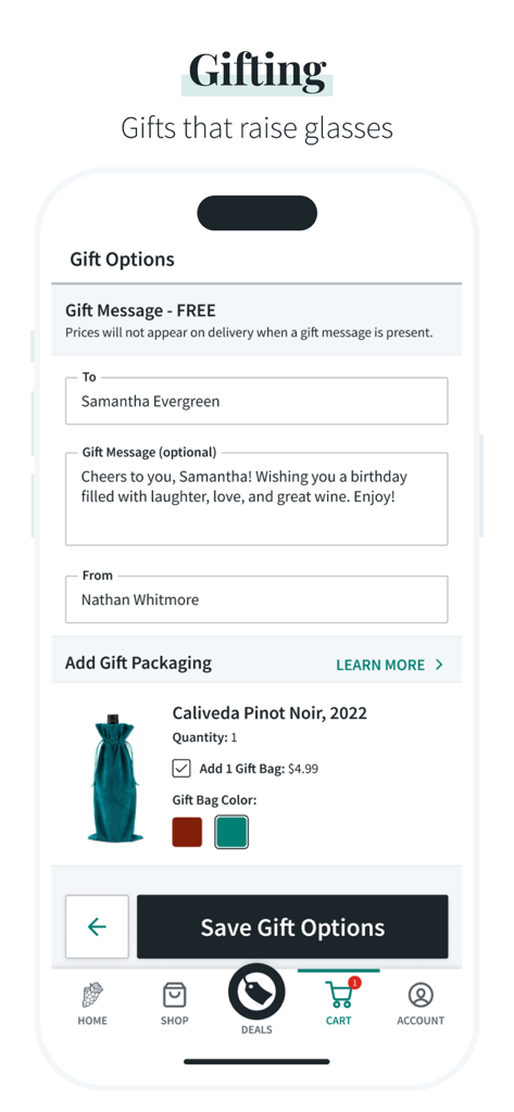 Total Wine & More - Total Wineアプリの画面。ワインボトルのパーソナライズされたギフトメッセージフィールドとギフト包装の選択が表示されます。