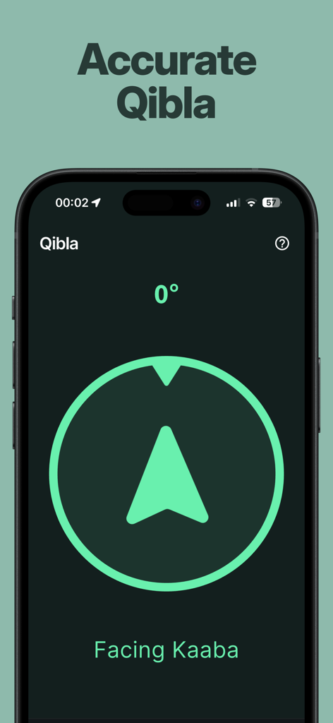Beyt: Quran and Prayer Times - Mobile screen showing the Beyt app Qibla compass interface with a green directional arrow pointing towards the Kaaba