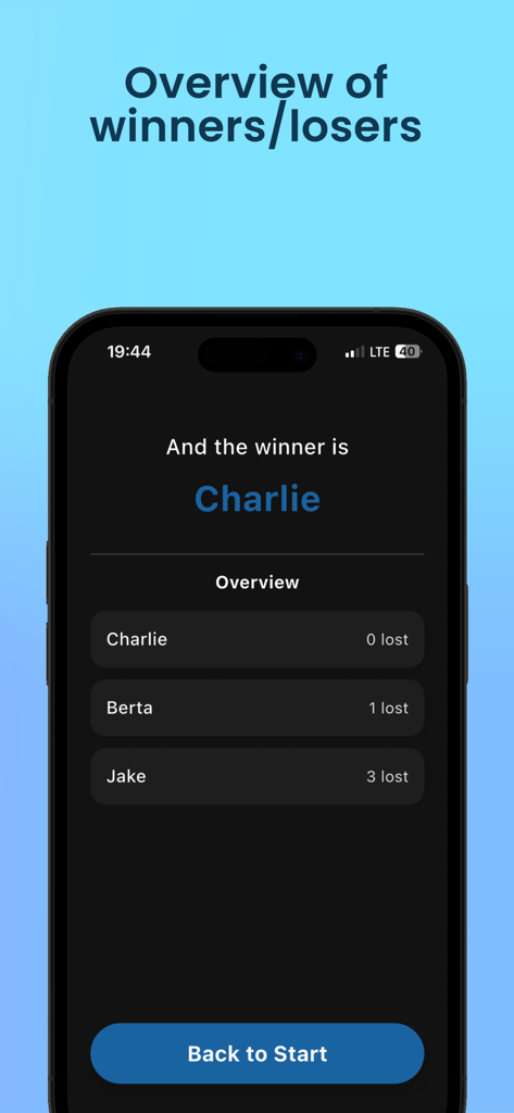 Party Bomb app screen displaying the winner and an overview of rounds lost by each player