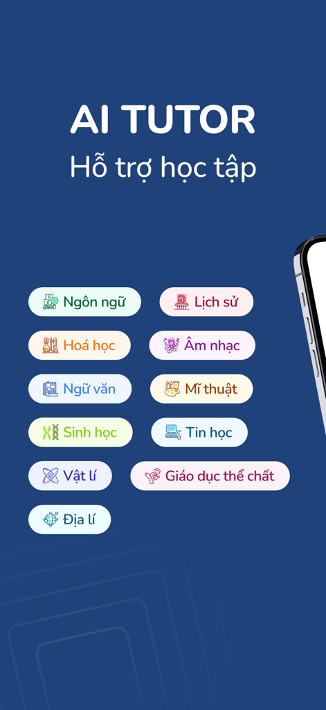 AI Tutor - AI Tutor app screen displaying a menu of various school subjects for personalized learning