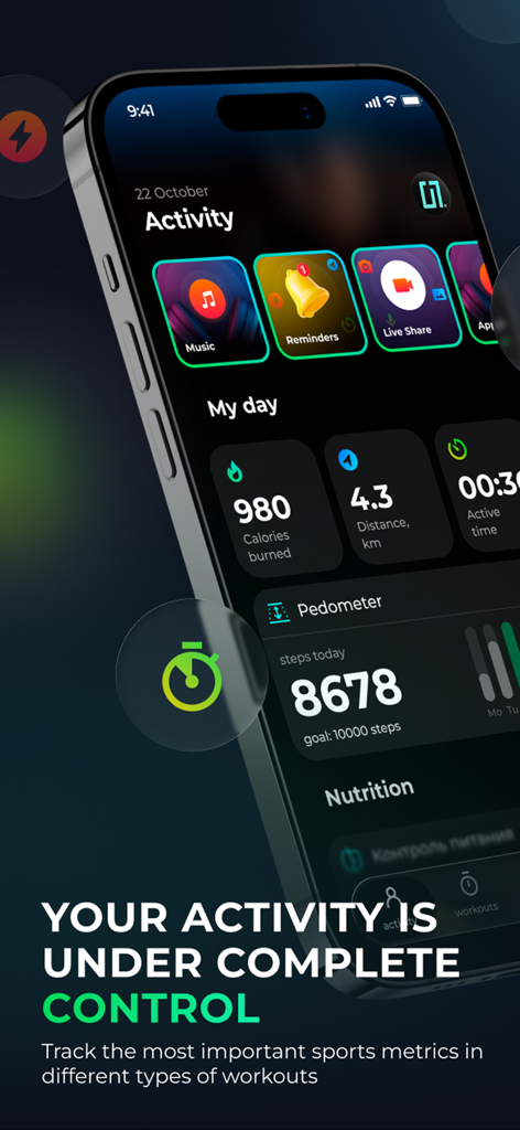 OU7 Training: Workout + AI - OU7 Training app activity dashboard showing calories burned and step tracker