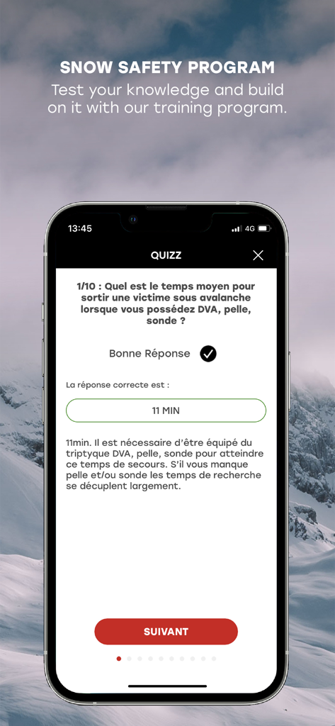 Tela do smartphone exibindo o questionário do programa de segurança na neve da aplicação ARVA com uma pergunta sobre conhecimentos de resgate de avalanches