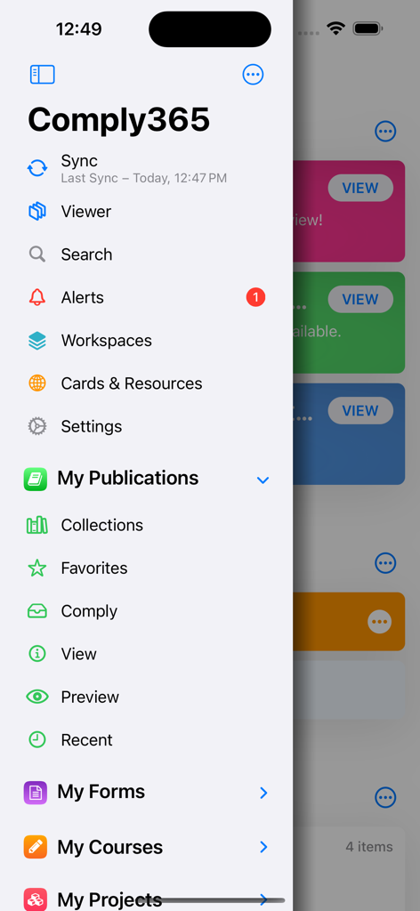 Side navigation menu of the Comply365 app featuring links to publications, forms, and training courses