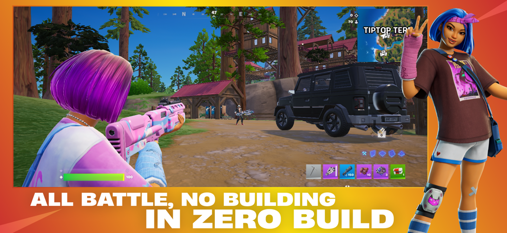 Fortnite - Juego en modo Cero Construcción de Fortnite en iOS con personajes y un coche