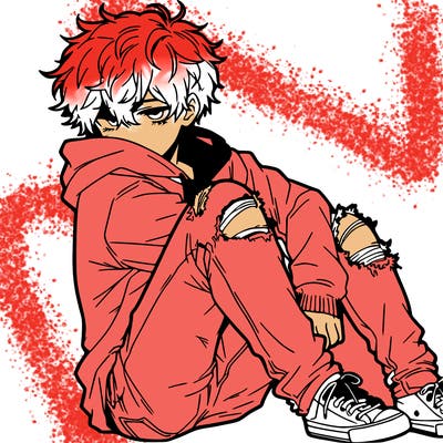 a male hoddie ripped jeans messy hair anime