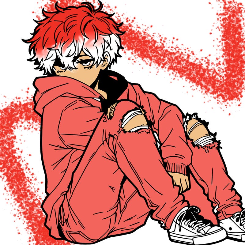 a male hoddie ripped jeans messy hair anime