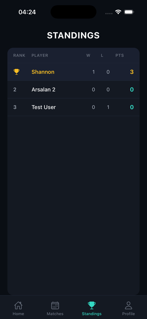 Snooker Pool League leaderboard displaying player rankings wins losses and total points
