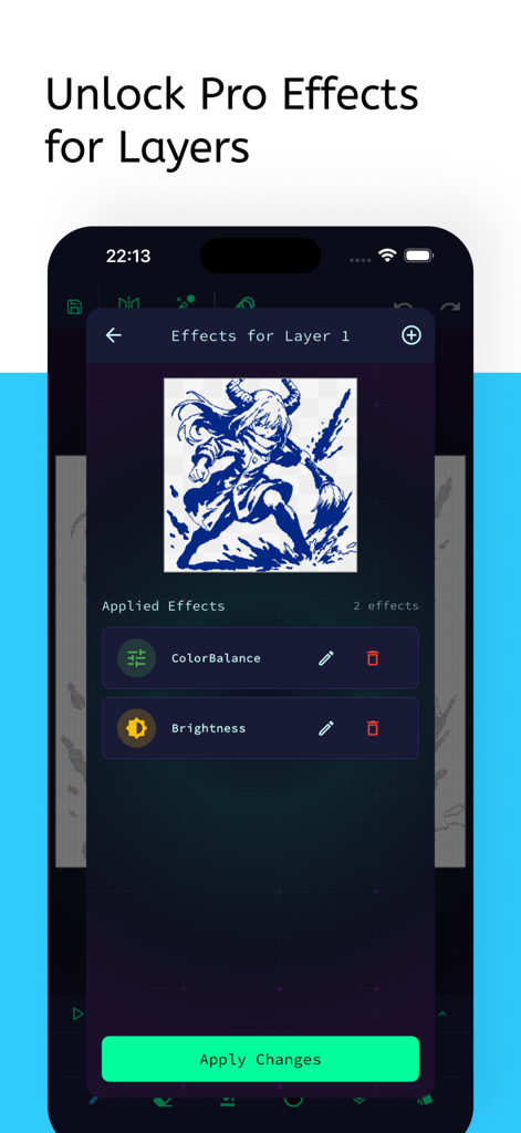 Picell - Pixel Art Editor - Interface of the Picell app showing professional layer effects like color balance and brightness for pixel art editing
