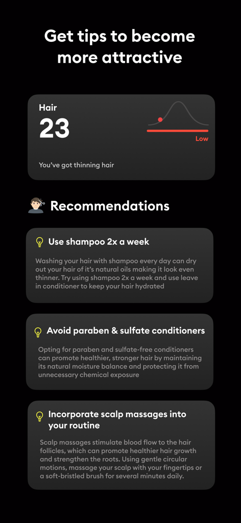 LooksMax AI app interface showing a hair analysis score and personalized grooming tips for thinning hair.