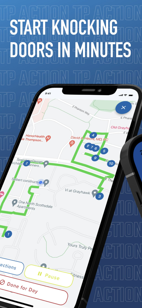 TPACTION - TPAction-App, die eine Nachbarschaftskarte mit einer Route für politische Haustürwahlwerbung anzeigt