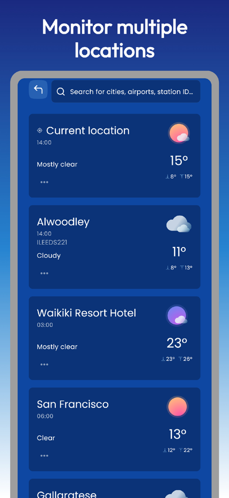Gusty - weather dashboard - Vista dashboard dell'app meteo Gusty che mostra più località e temperature attuali.