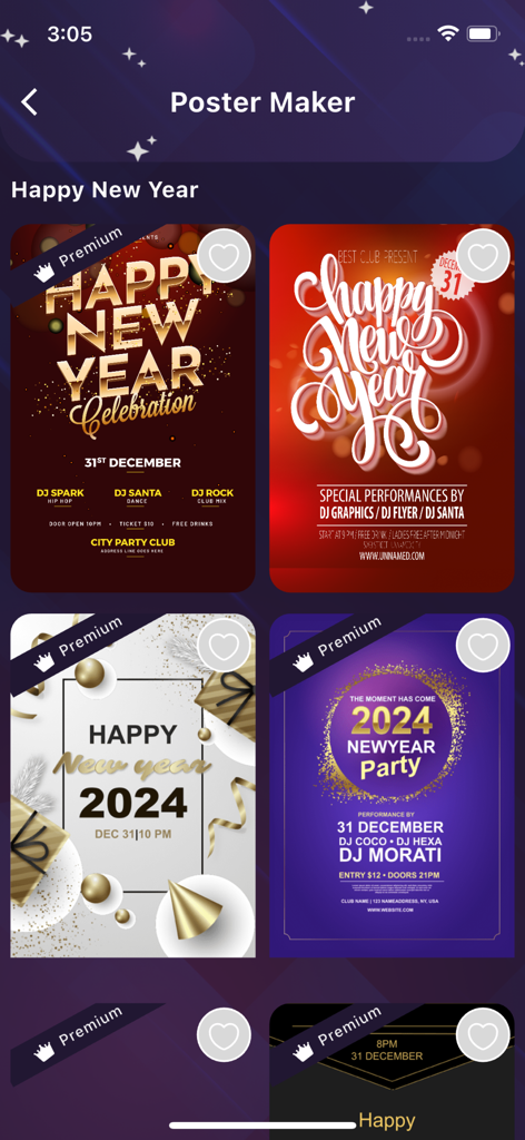 Poster Maker | Flyer Creator - Poster Maker app screen showing various New Year party flyer design templates.