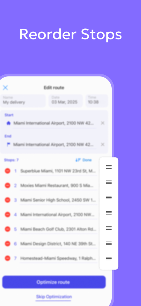 Oberfläche, die zeigt, wie Stopps in der Optiway Multi-Stop-Routenplaner-App manuell neu angeordnet werden