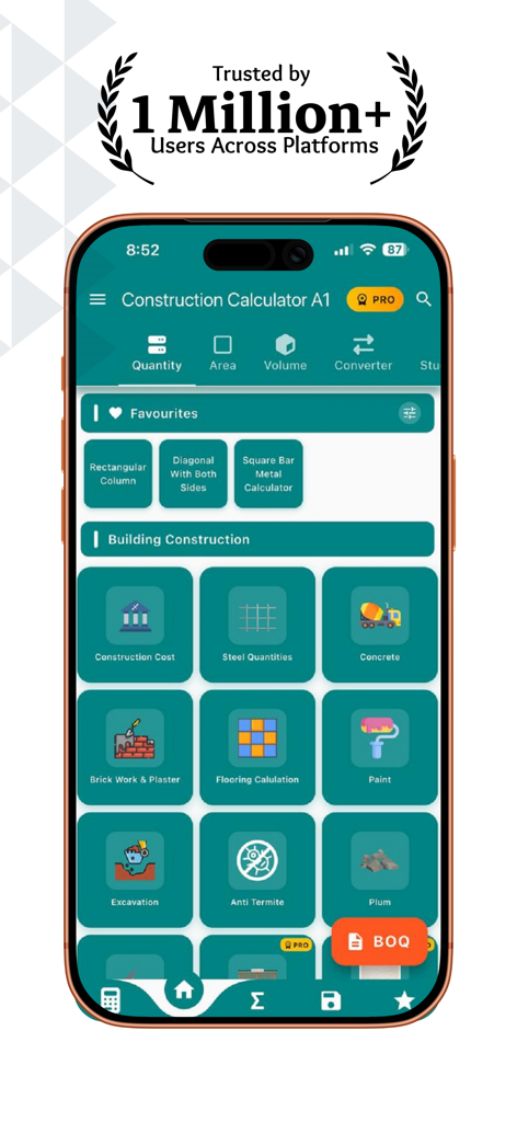 Construction Calculator A1 - 建設計算機 A1 アプリのメインダッシュボード。材料数量、鋼材見積もり、建築コストのツールが表示されています。