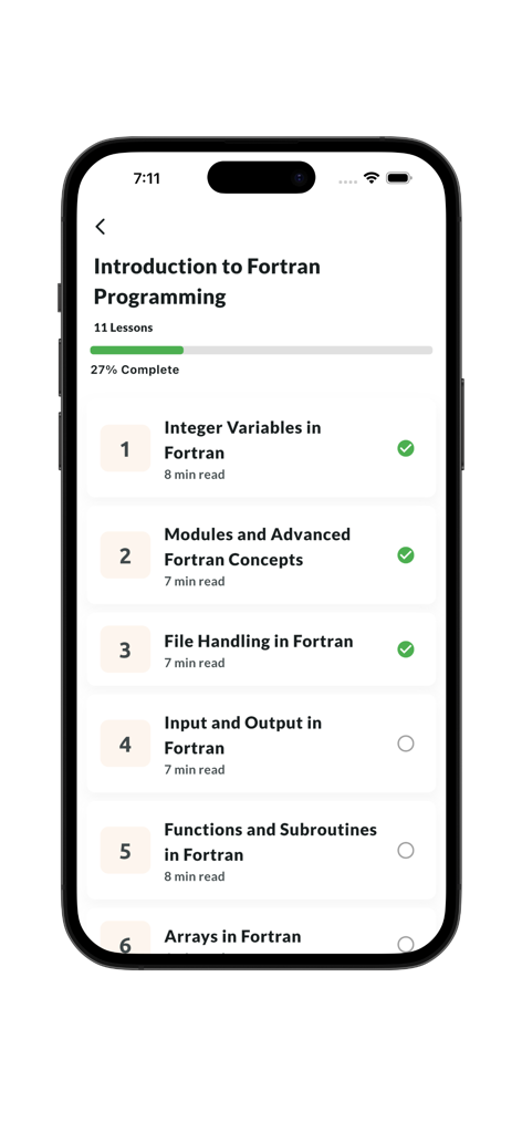 Mobile app interface showing a list of lessons and progress for an introductory Fortran programming course