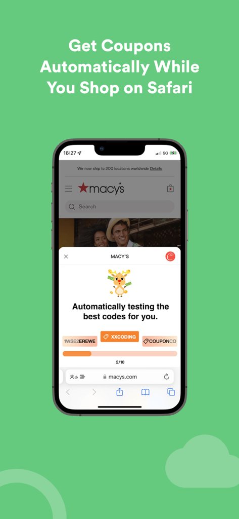 Coupert Lite extension automatically testing and applying discount codes in the Safari mobile browser