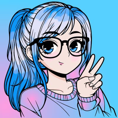 realistic girl with ponytail glasses and doing the peace