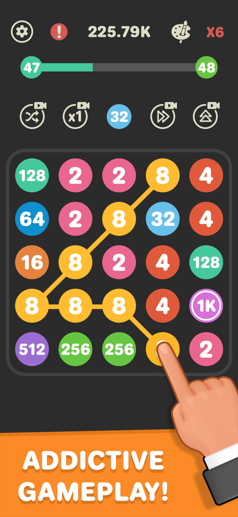 Connect The Dots - 2048 Merge - Una mano conectando puntos del número ocho en el juego de puzzle Connect The Dots 2048 Merge