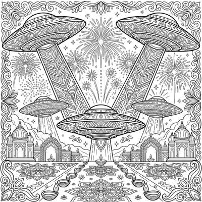 Embark on an extraordinary coloring journey where the mystery of the Phoenix Lights UFOs converges with the vibrant joy of Diwali. This intricate design offers a unique blend of cosmic wonder and festive tradition for an engaging artistic escape.