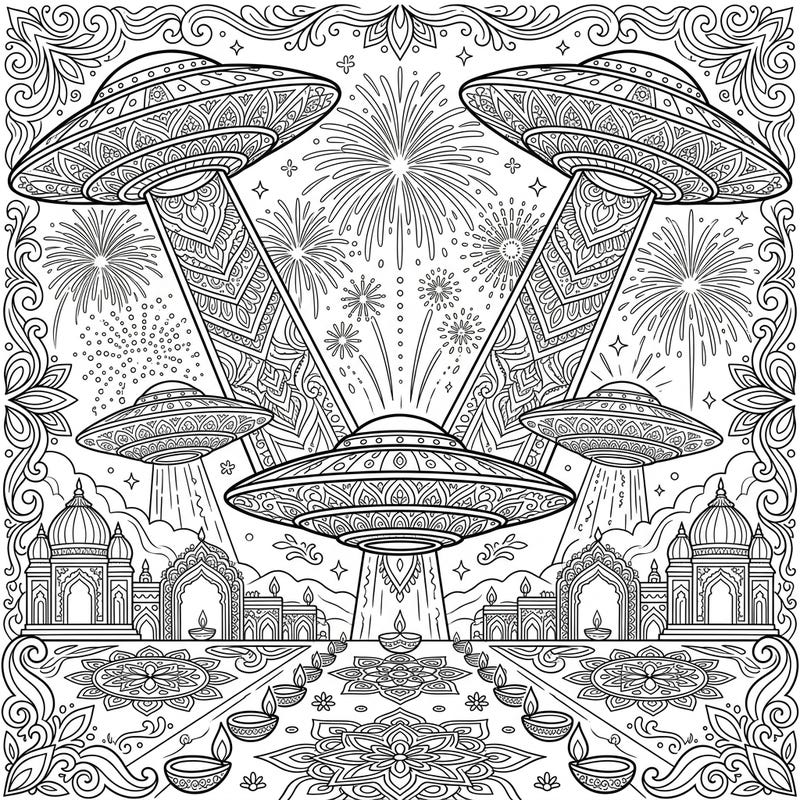 Embark on an extraordinary coloring journey where the mystery of the Phoenix Lights UFOs converges with the vibrant joy of Diwali. This intricate design offers a unique blend of cosmic wonder and festive tradition for an engaging artistic escape.