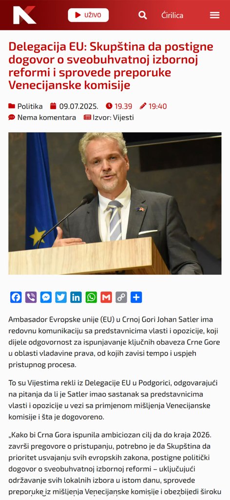 Portal RTNK - Un article d'actualité politique sur la délégation de l'UE sur l'application mobile Portal RTNK.