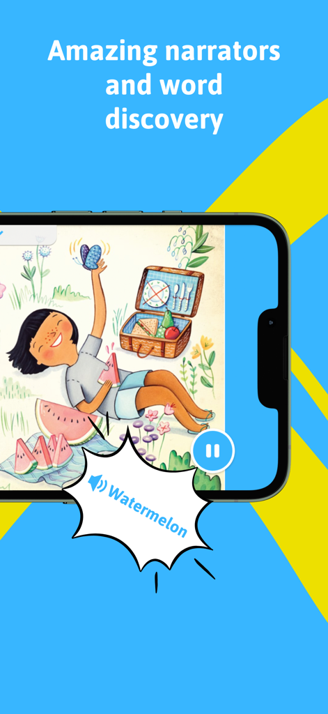 Joey Books - Joey Books app interface showing a children's story with professional narration and word discovery highlighting the word watermelon