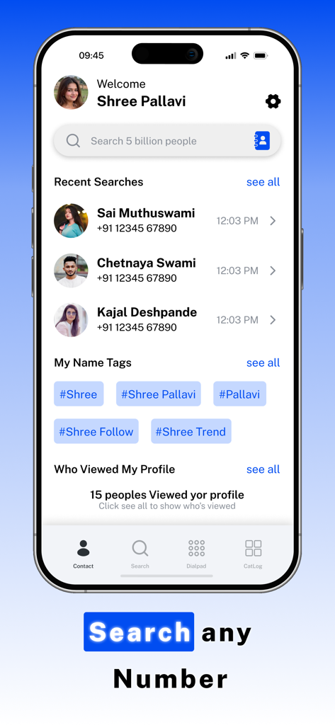 TrueCaller ID : Find by Number - TrueCaller ID app interface showing a search bar and list of recent caller searches with names and phone numbers