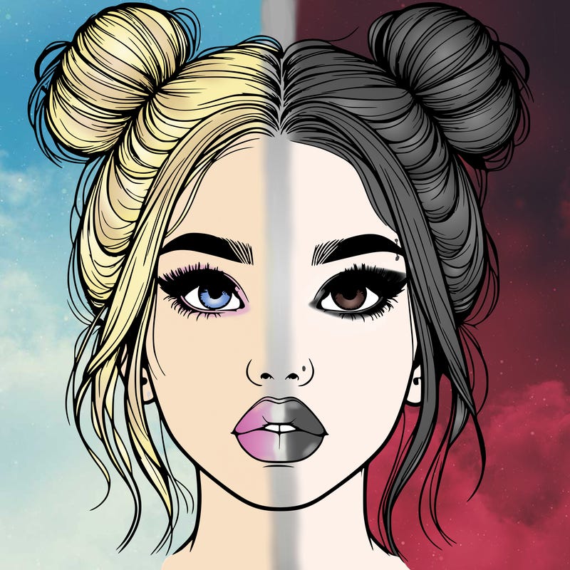 realistic girl with two buns on her hair and lips